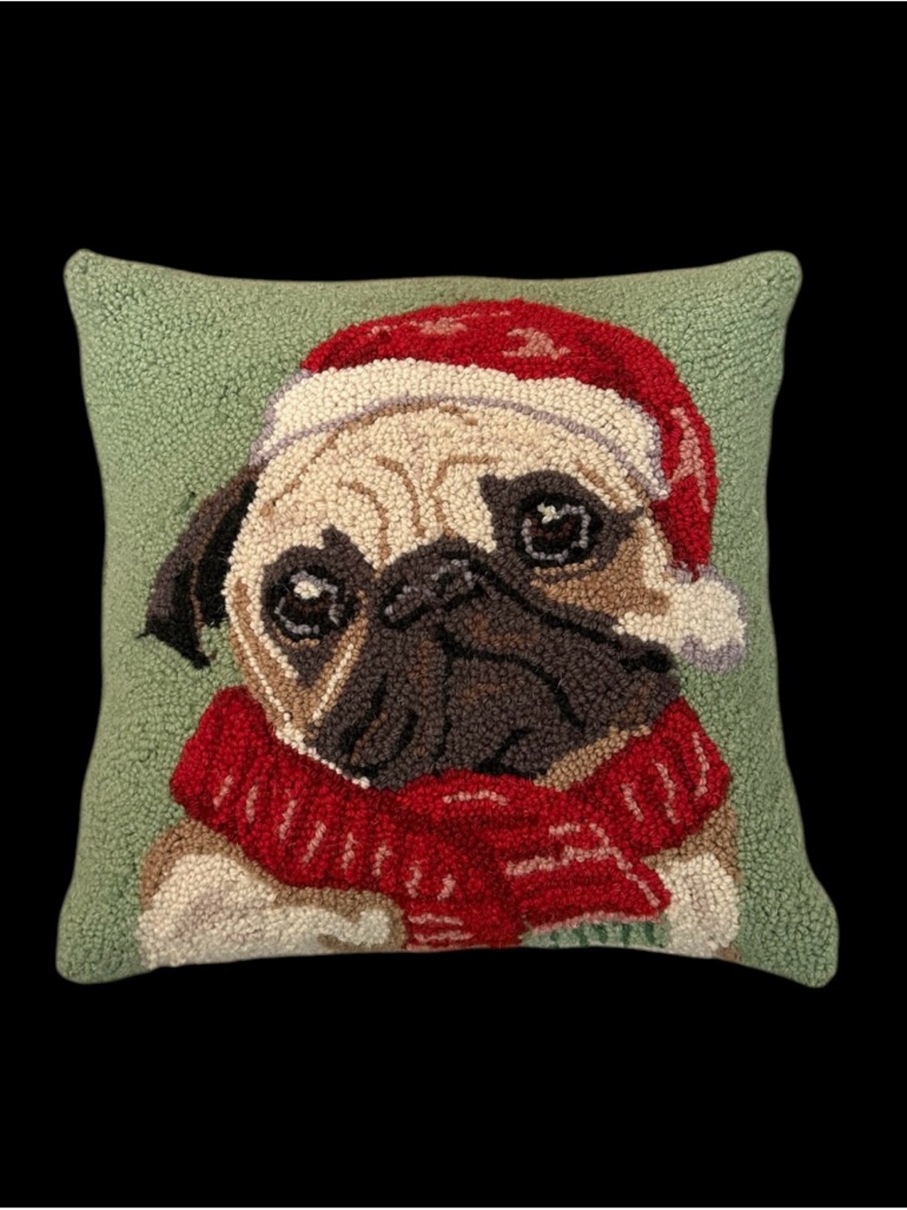 Pug Hooked Rug Christmas Throw Pillow, Velvet Back
